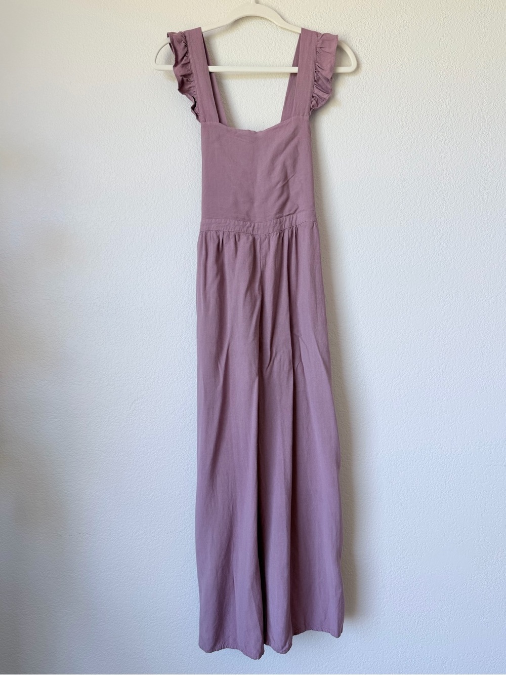 Heyson Mauve Ruffle Strap Jumpsuit Cropped Wide Leg Linen Blend M